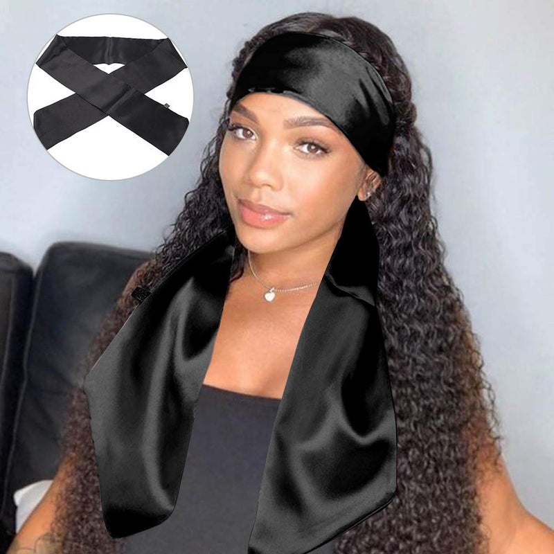 XTREND Satin Edge Scarves for Wigs Silk Headbands Soft Edge Scarf to Lay Edges for Black Women Keep Wig Secured Satin Headband for Yoga, Makeup, Facial, Sport (1 pc, Black#) - Image 2